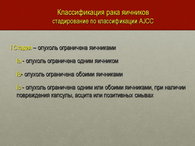 Классификация рака яичников стадирование по классификации AJCC   I Стадия – опухоль ограничена